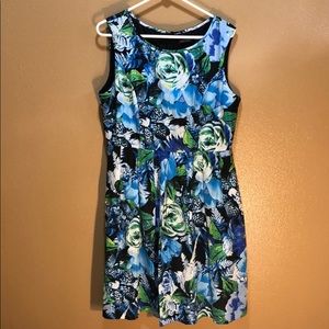Ellen Tracy Blue and Green Floral Silk Dress
